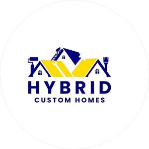 Logo for Hybrid Custom Homes, featuring stylized yellow and blue houses with a chimney, roof, and window elements.